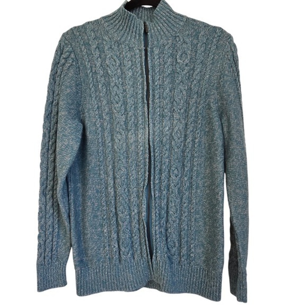 Vintage LL Bean Cable Knit Zip Up Sweater Teal Blue Heathered Size XL